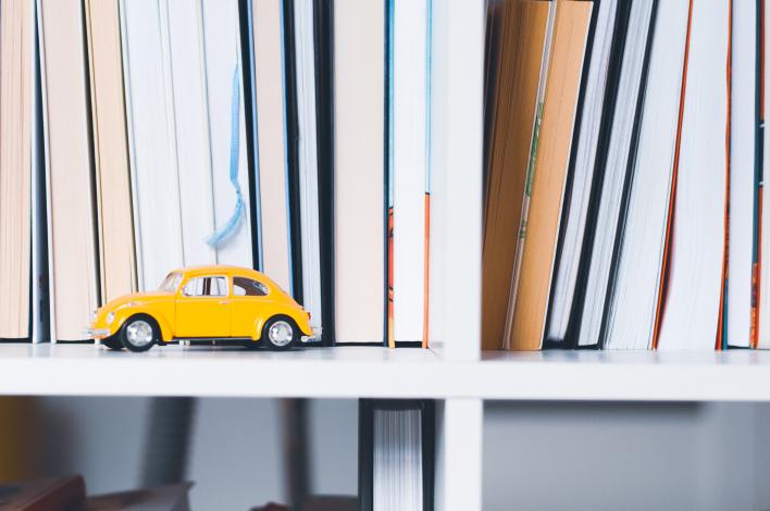 Car on bookshelf