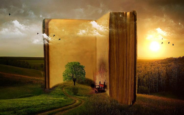 Book with tree in front of it