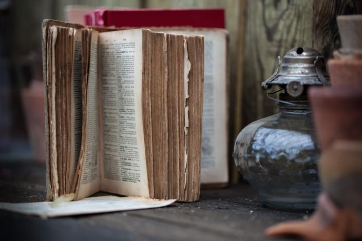 Tattered book standing on end