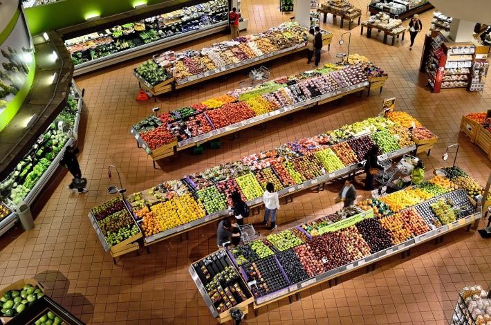 View of grocery store fruit and vegetables from above