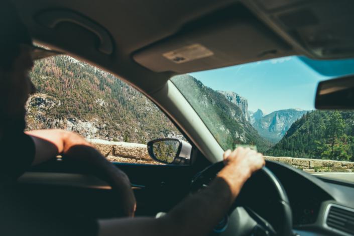 Mountains through car window