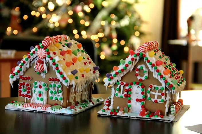 Close up of two gingerbread houses