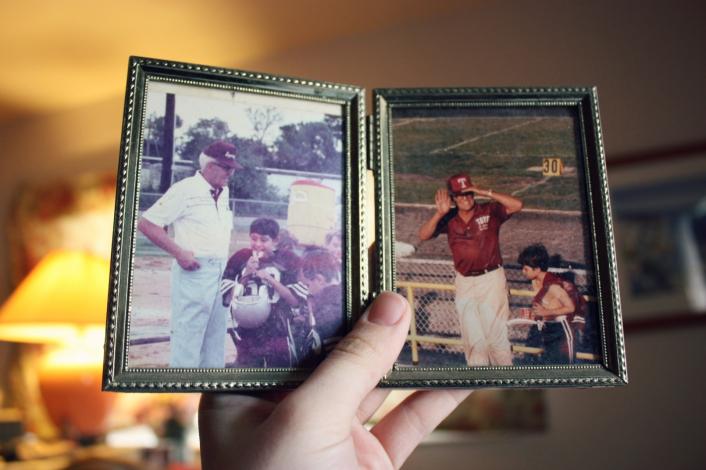 Two pictures of grandfather and child