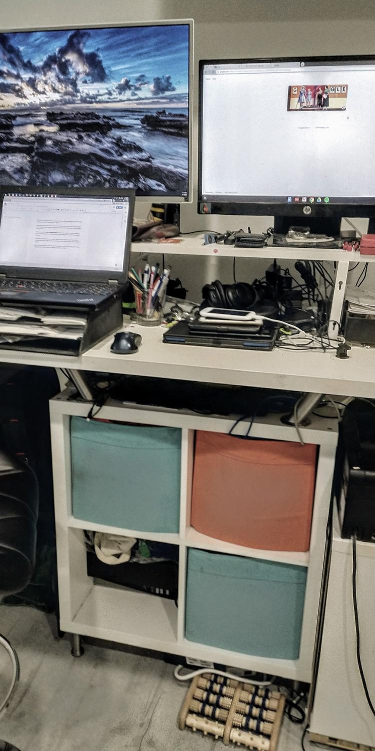 Full view of standing desk with computer and monitors