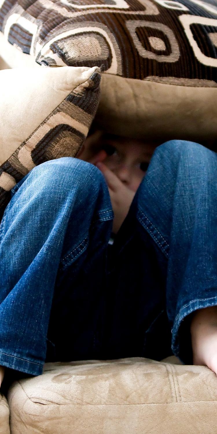 Little boy under couch pillows