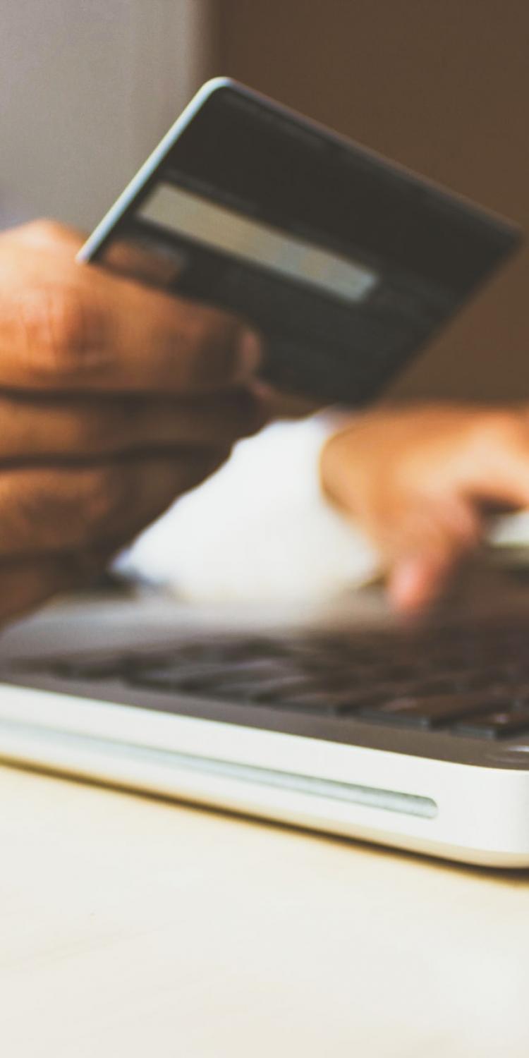 Person holding credit card by computer