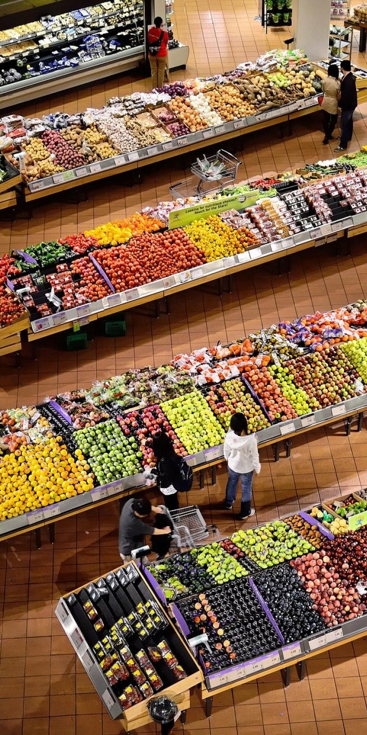 View of grocery store fruit and vegetables from above
