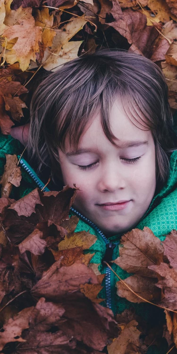 Child laying in leaves